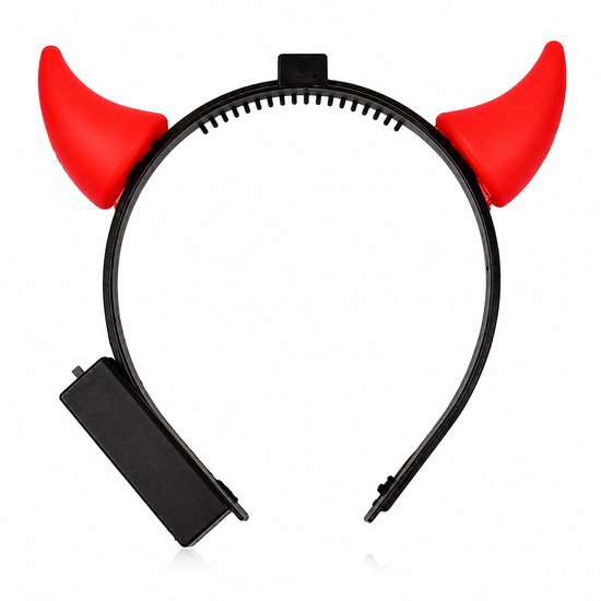Zwart diadeem met twee rode LED duivelsgehoorntjes en een klein zwart batterijdoosje.