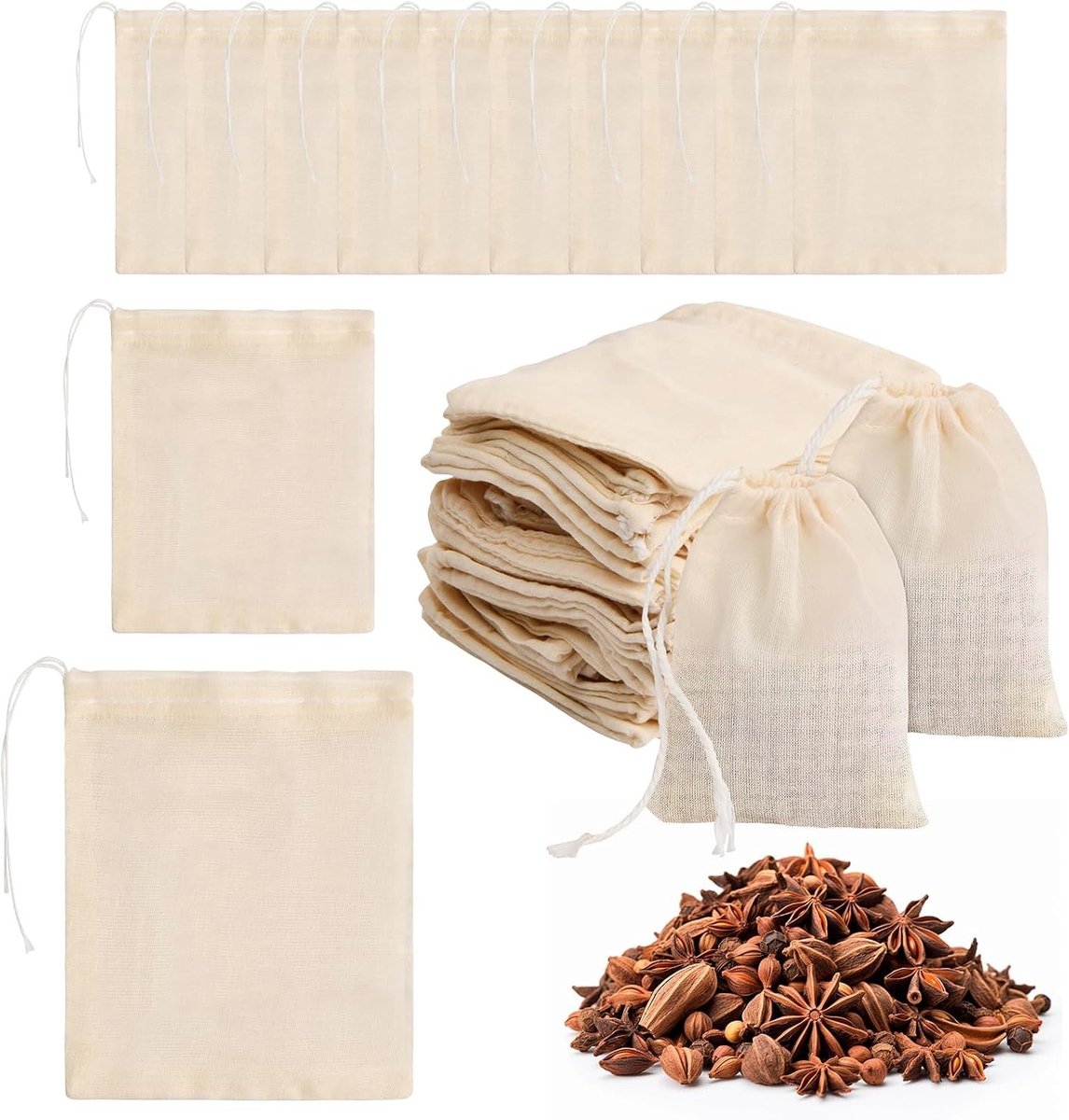 30 Katoenen Kruidenzakjes voor Koken, Herbruikbare Filterzakken voor Specerijen, Thee en Koffie, Ideaal voor Koken en Infuseren