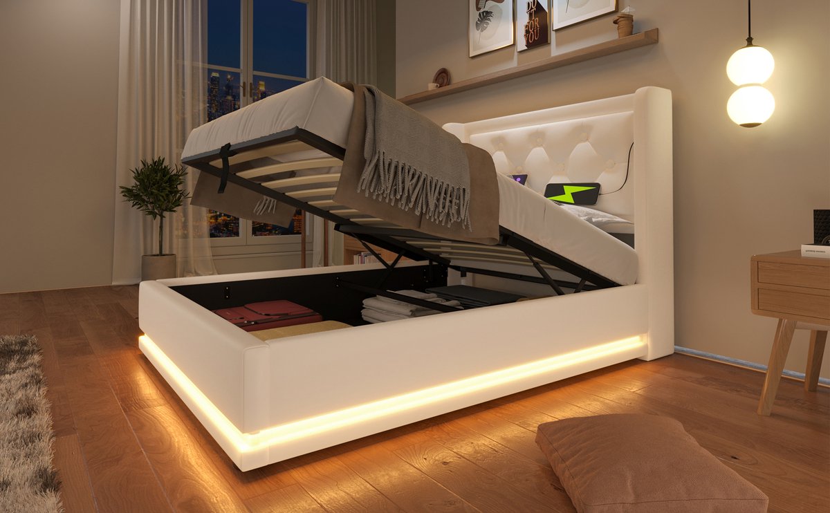 WUVRIE Opbergbed 90x200 cm met hydraulische lift, USB-C, LED en kunstleren hoofdbord, wit
