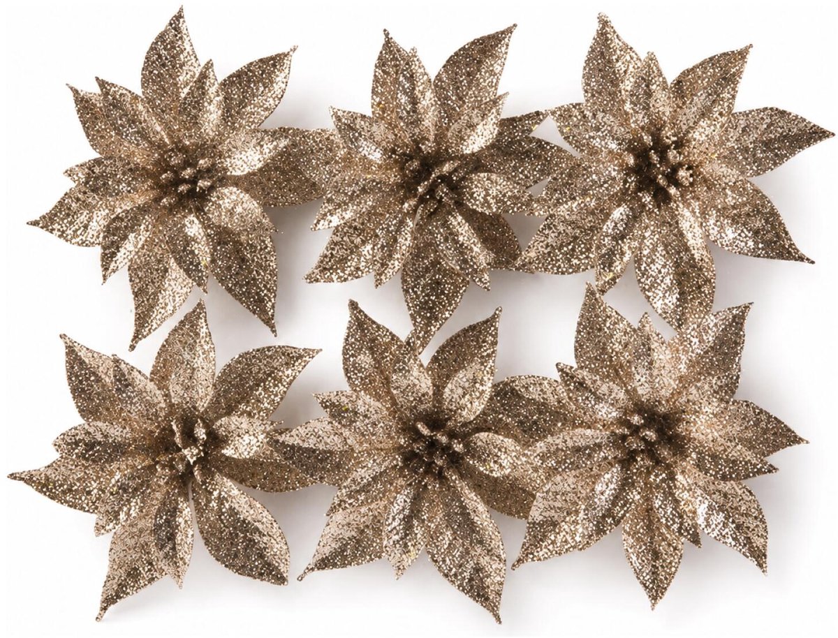 Cosy & Trendy Bloemen op clip - 6x st - champagne - glitter - 8 cm - kerstversiering - kerstbloemen