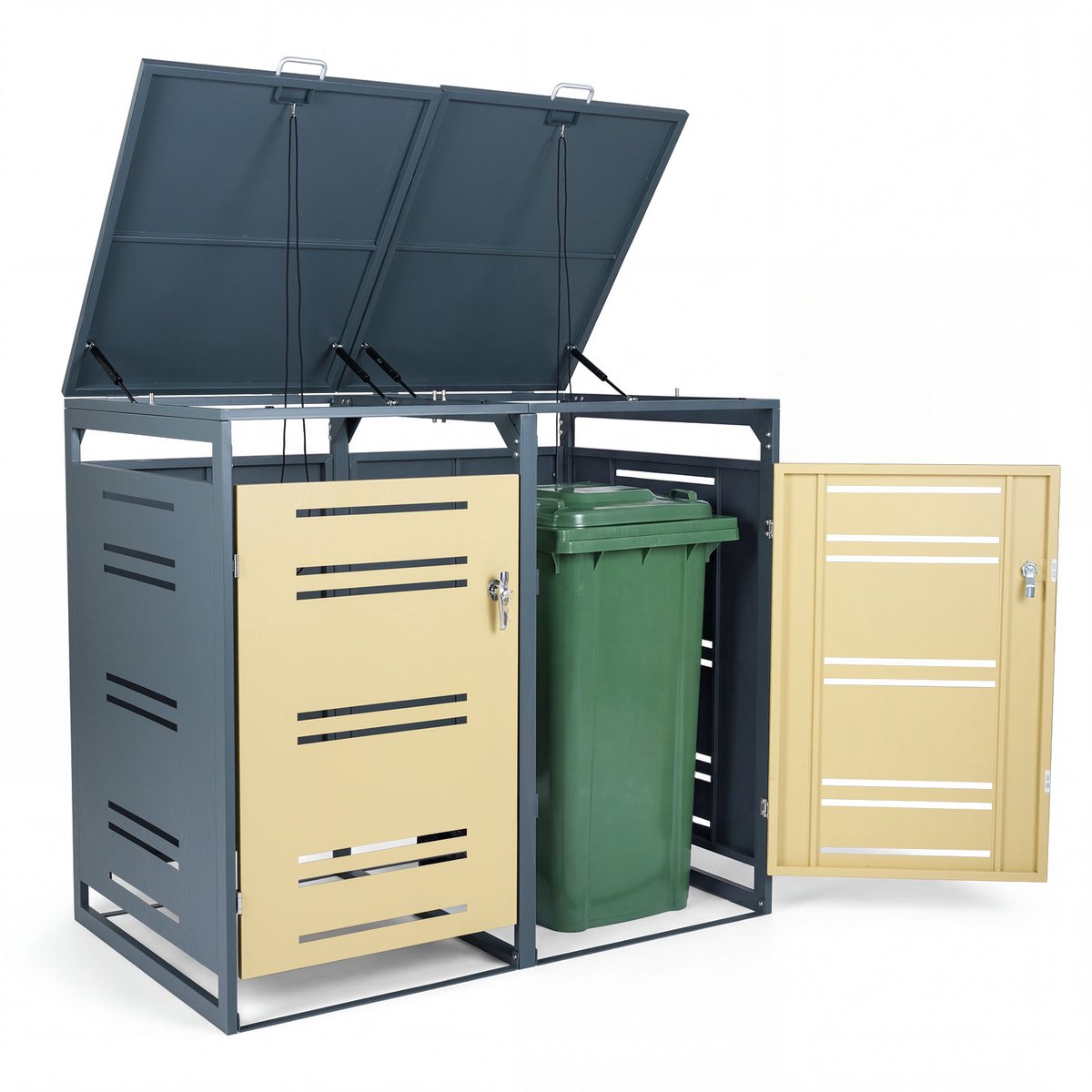 COSTWAY Vuilnisbak set 2-pack, 240 L, vuilnisbak bekleding van metaal voor 2 vuilnisbakken, vuilnisbakhuis met vergrendelbare deur, gasveer en schokdemper, weerbestendige buitenvuilnisbak（Geel）