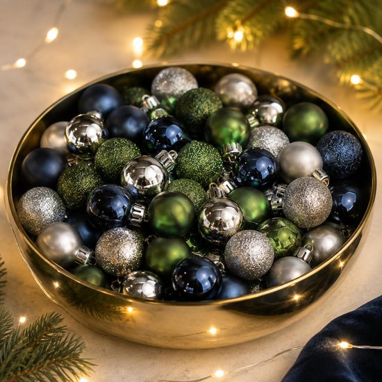 Kunststof kerstballen - mix 42x 3 cm - donkergroen - zilver - donkerblauw - kleine kerstballetjes