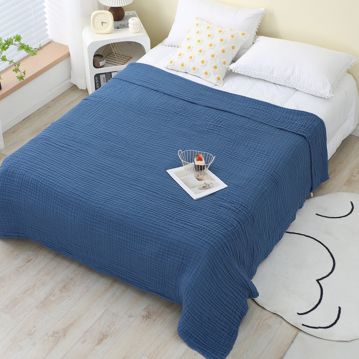 Deze katoenen deken is gemaakt van puur katoen en ademend mesh-materiaal, is geschikt voor alle seizoenen en is zacht en licht van gewicht. (1 stuk)-Donkerblauw-130*150cm