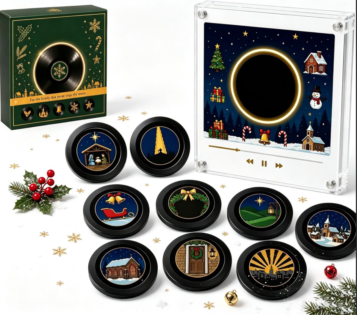 Magnetische Kerst Muziekdoos voor Koelkast - NFC Magnetische Muziekdoos Set - CD Speler - Kerst Muziekdoos - Met 9 NFC Mini Vinylplaten - USB C Oplaadbaar - 128 MB - Kerstdecoratieset