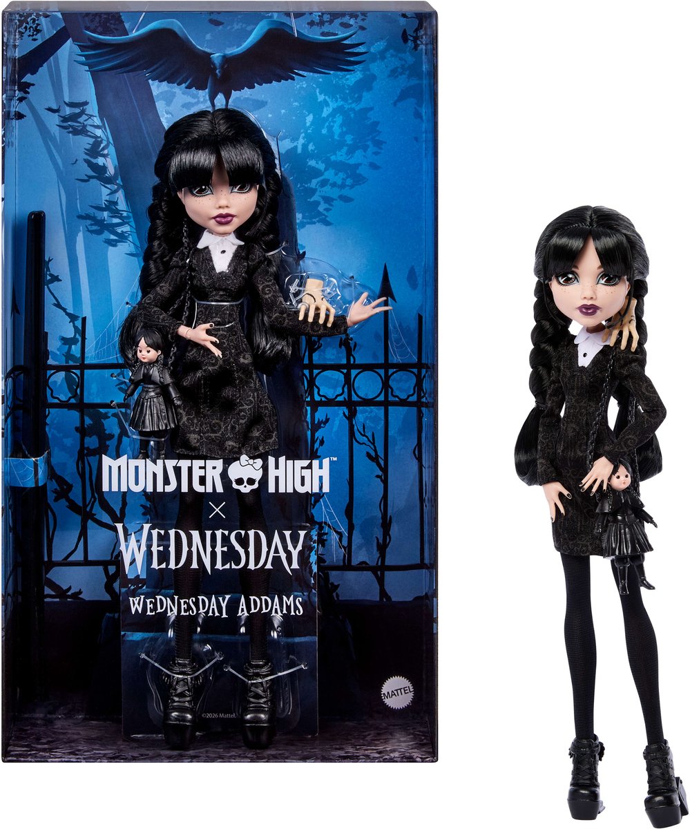 Monster High x Wednesday verzamelpop - Wednesday Addams in zwarte jurk met Thing als accessoire — afbeelding 10