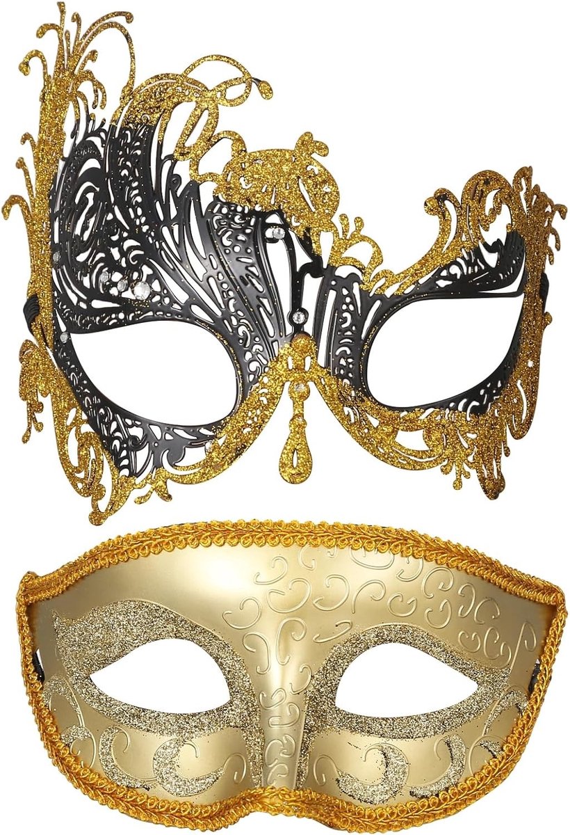 2 Stuks Venetiaans Masker Set: Gouden Maskerade Masker, Vlinder en Colombina Met Strass voor Halloween, Carnaval en Bruiloft Party Kostuums voor Hem en Haar