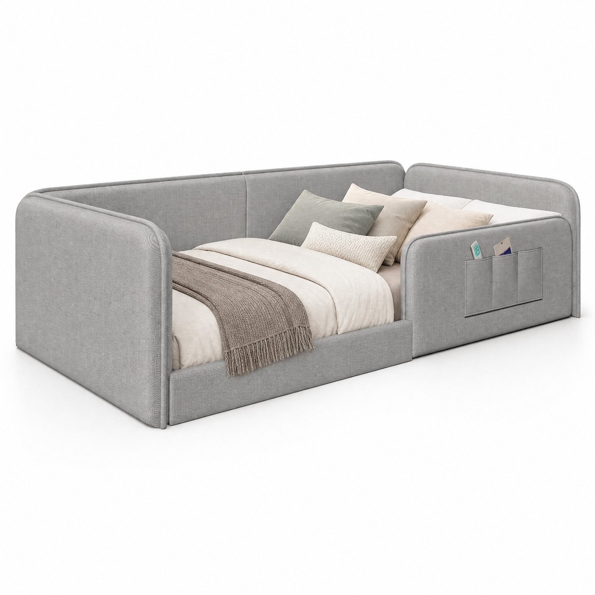 WUVRIE Polsterbed 90x200 cm met zachte linnen bekleding, schuimvulling, opbergtas en veiligheidsrand, grijs