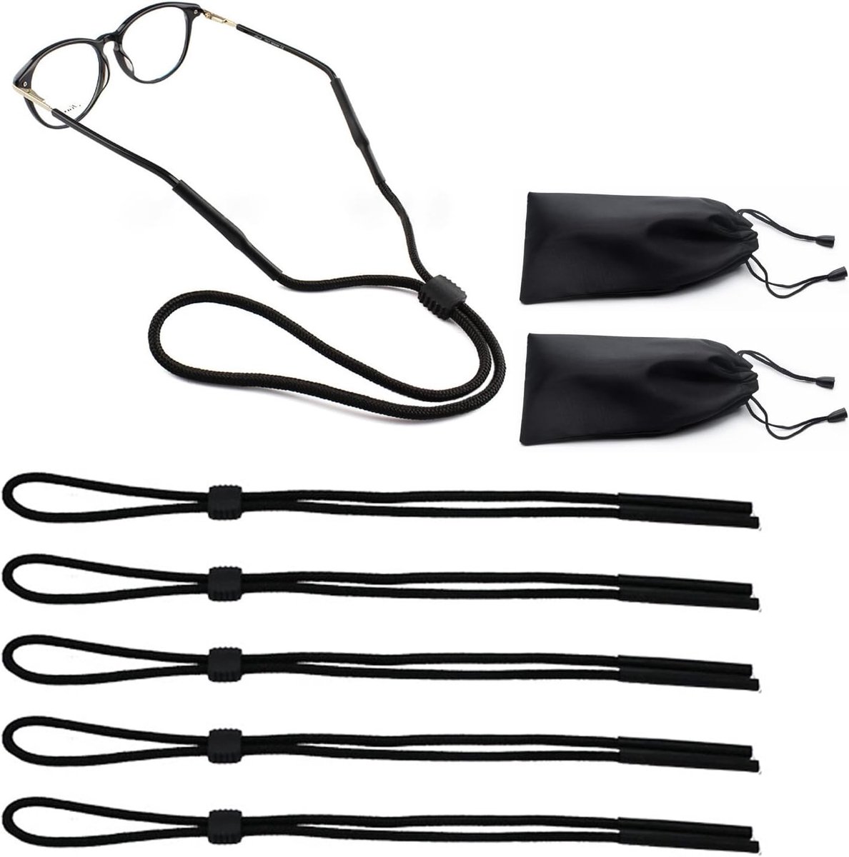 5 Stuks Unisex Sport Brilbanden - Verstelbare en Zachte Brilketting met Opbergtas voor Sport en Buitenactiviteiten, Zwart
