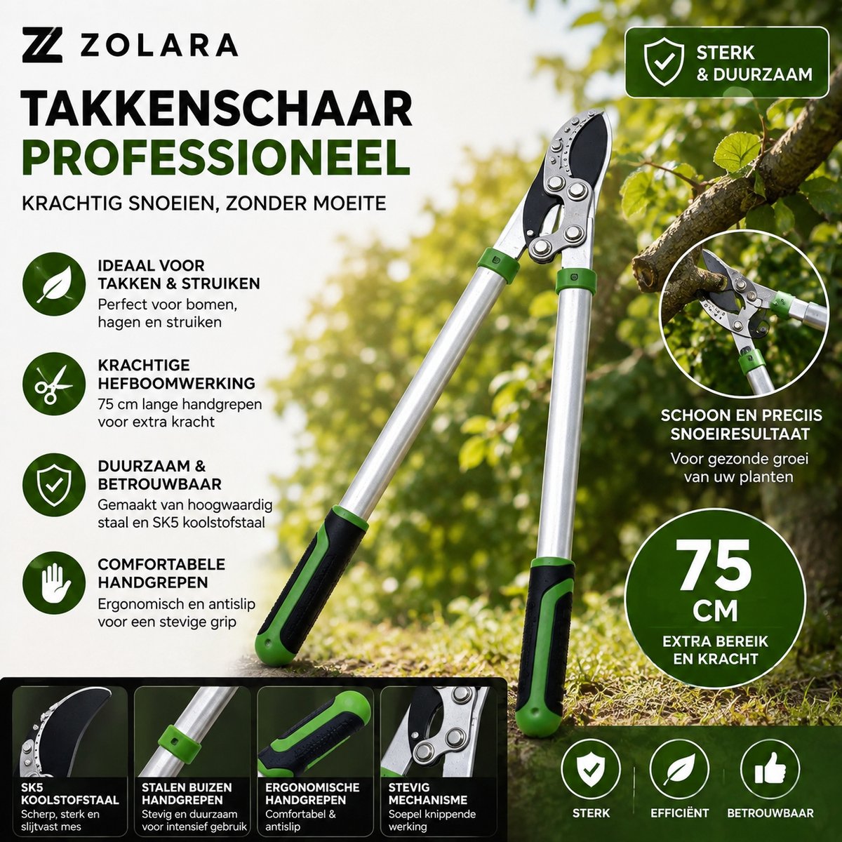 Zolara Takkenschaar - 75 cm - Professionele Snoeischaar voor Dikke Takken - SK5 Koolstofstaal - Ergonomische Handgrepen - Tuingereedschap - Herfst