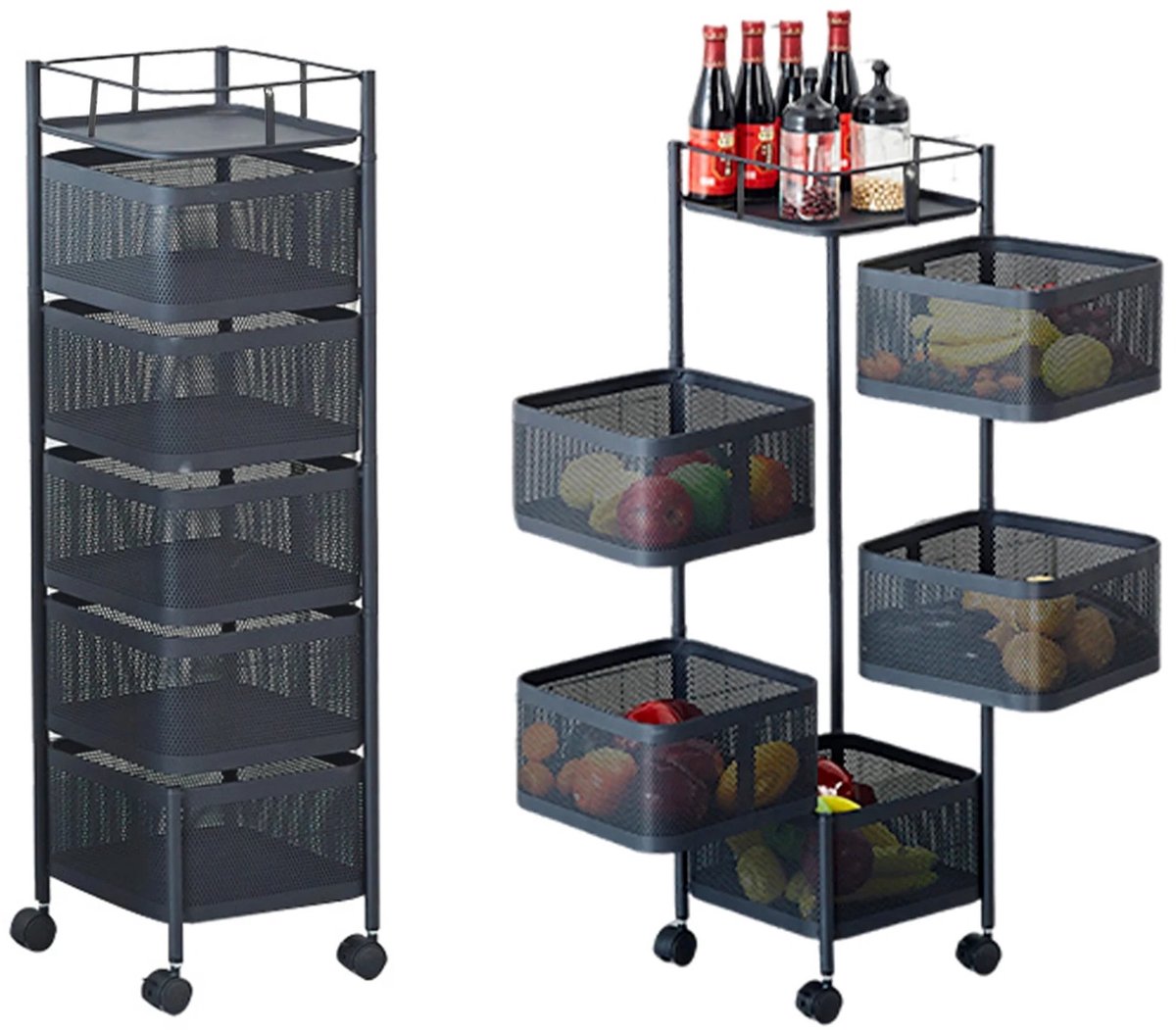 Nyoz 5 laags opbergwagen - Keukentrolley - Opbergtrolley - 360° draaibaar - Carbonstaal - Draaibare manden - Met remfunctie