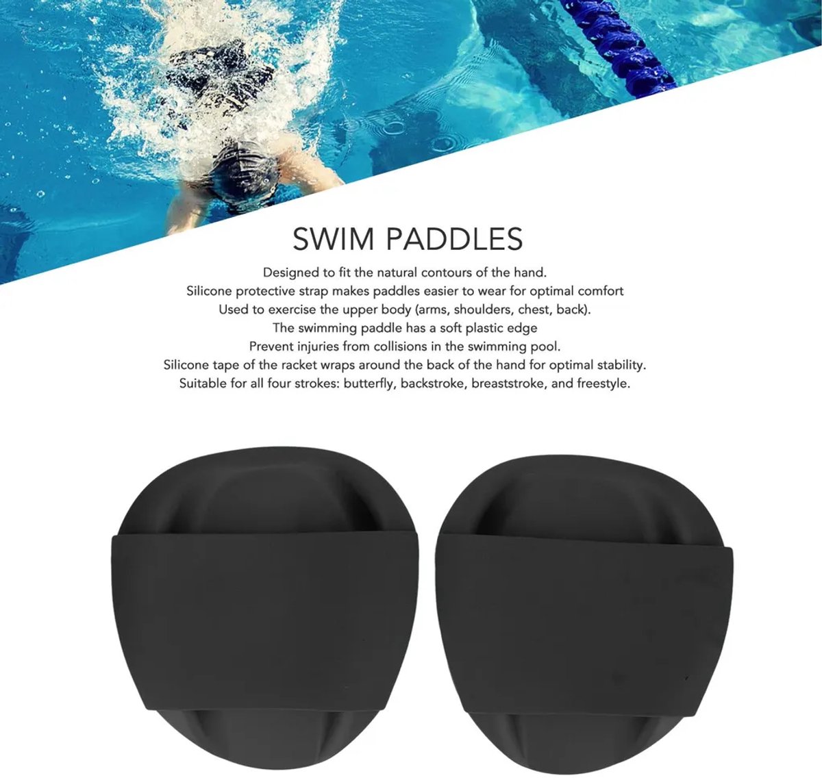 Zwemtrainingspaddle, zwart, gemaakt van PP-silicone, ergonomisch ontwerp, freestyle paddle, klein formaat.