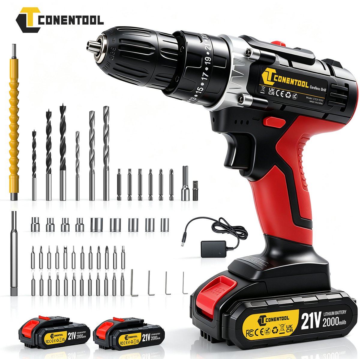 CONENTOOL Accu Klopboorschroevendraaier 21V‑ Accuboormachines‑ Accuboormachine‑ Boormachine‑ Boormachines‑ Schroevendraaier‑ Met 2 accu’s en 53‑delige accessoireset