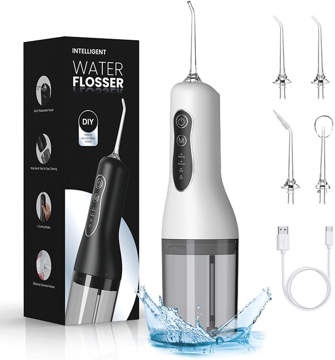 Waterflosser, Draadloze Monddouche met 5 Opzetstukken en 4 Reinigingsstanden, 260 ml Waterreservoir, IPX7 Waterbestendig, Draagbare Mondirrigator voor Dagelijkse Mondverzorging, Thuis en Reizen-Wit