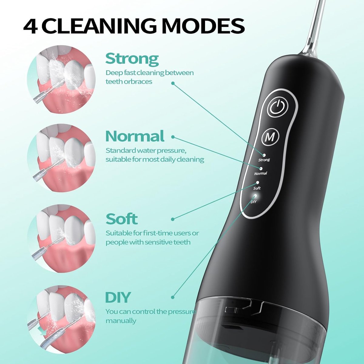 Waterflosser, Draadloze Monddouche met 5 Opzetstukken en 4 Reinigingsstanden, 260 ml Waterreservoir, IPX7 Waterbestendig, Draagbare Mondirrigator voor Dagelijkse Mondverzorging, Thuis en Reizen-Zwart thumbnail 6