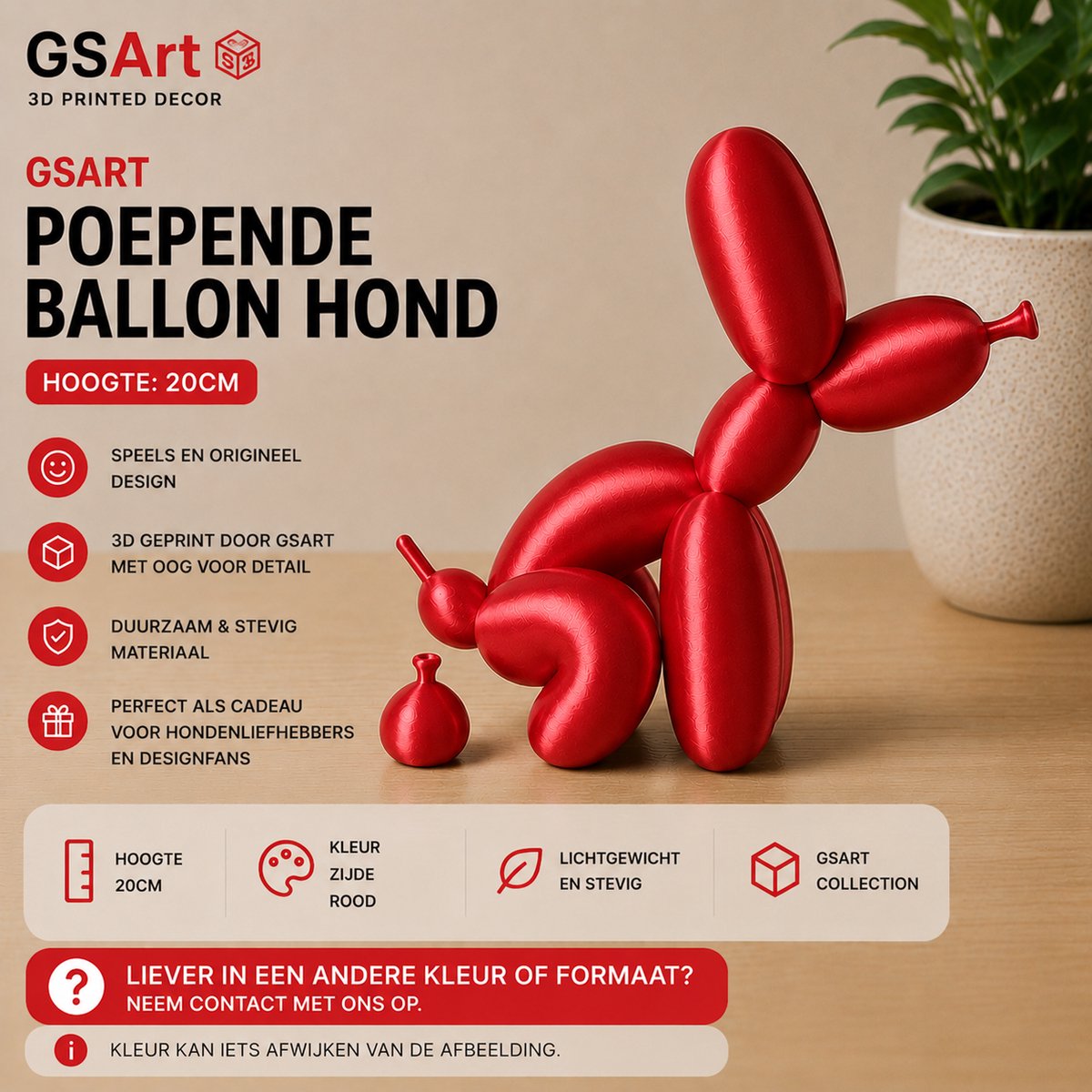 GSArt Decoratief Beeld Poepende Ballon Hond – Grappige Woondecoratie - 20cm Zijde Rood