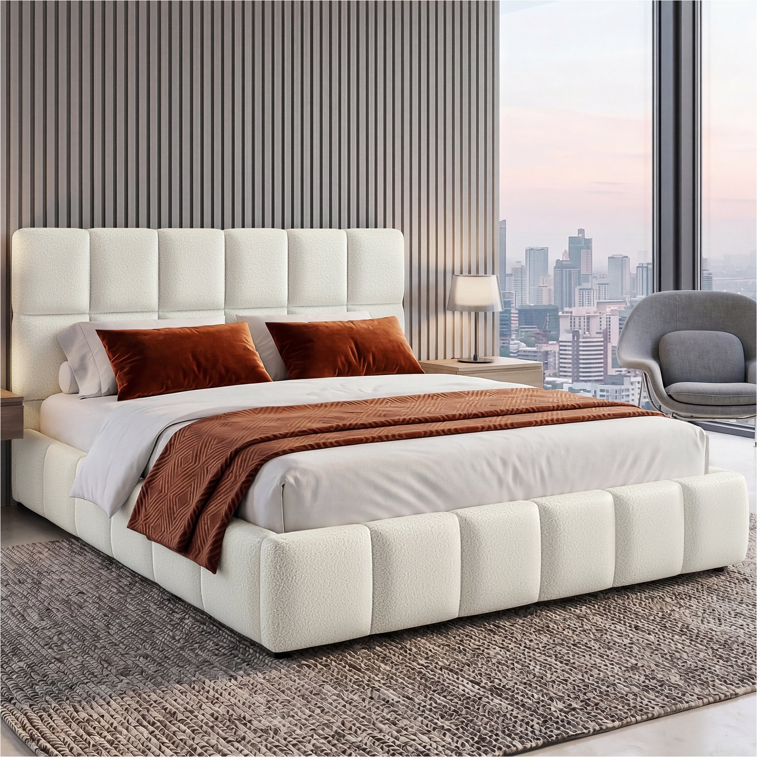 Tectake Gestoffeerd Bed met Matras - Tweepersoons Bed - Teddy Crème - 180 x 200 cm - Lattenbodem Bedframe - Teddystof Bekleding - 2 Comfortschuim Matrassen - 2 Hardheidsgraden (H2 & H3) - Complete Bedden Set - Wasbare Hoes van Ademend 3D-meshweefsel Teddy Crème met Matras