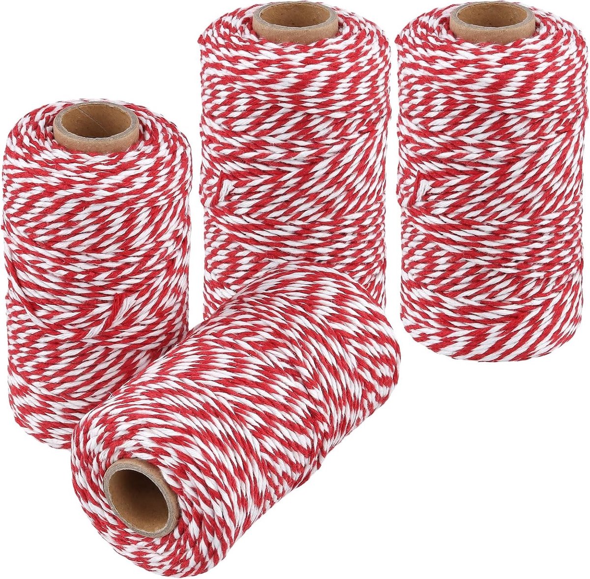 4 Rollen 100m Katoen Touw, 2mm Rood en Wit Wrapping Touw voor Trussen, Bakken en Keuken Gebruik