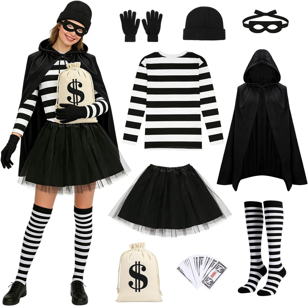 Dames kostuum voor dieven met gestreept shirt, masker, gebreide muts, handschoenen, portemonnee, cape rok en kniekousen voor carnaval en cosplay