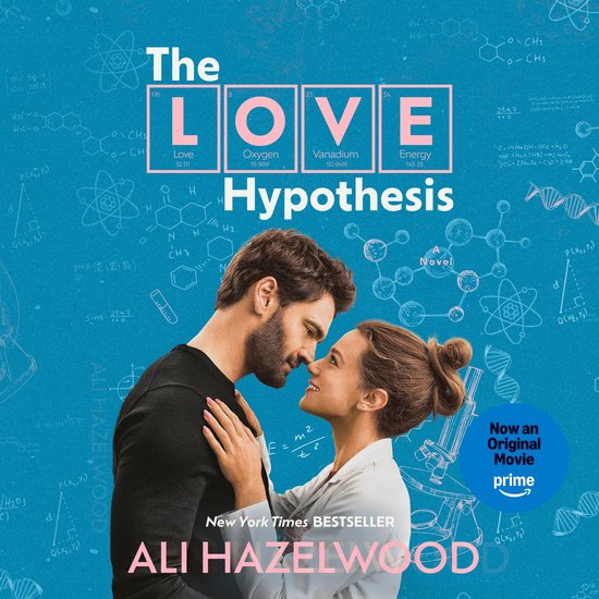 Couverture du livre 'The Love Hypothesis' avec un homme et une femme s'embrassant, sur fond de formules chimiques.