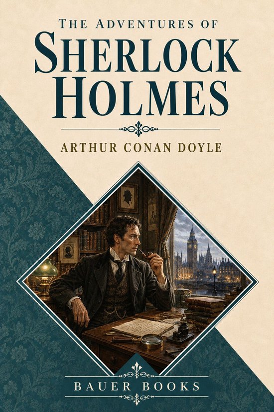 Het omslag van "The Adventures of Sherlock Holmes" door Arthur Conan Doyle, met een illustratie van Sherlock Holmes zittend aan zijn bureau in Londen.