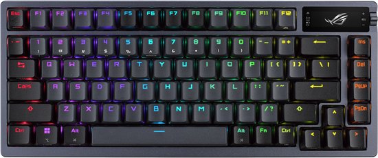 Een gunmetal ASUS ROG Azoth gaming toetsenbord, met RGB-verlichting en QWERTY US-lay-out.