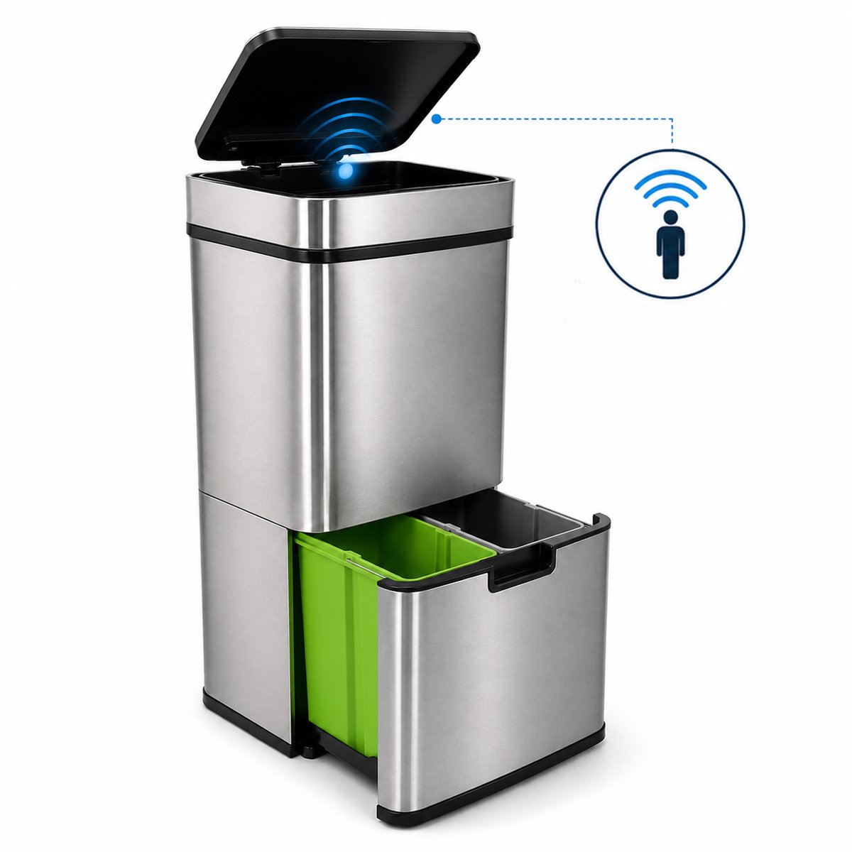 Eurocatch Prullenbak 72 L - Sensor - 3 Vakken - Afvalscheiding - RVS