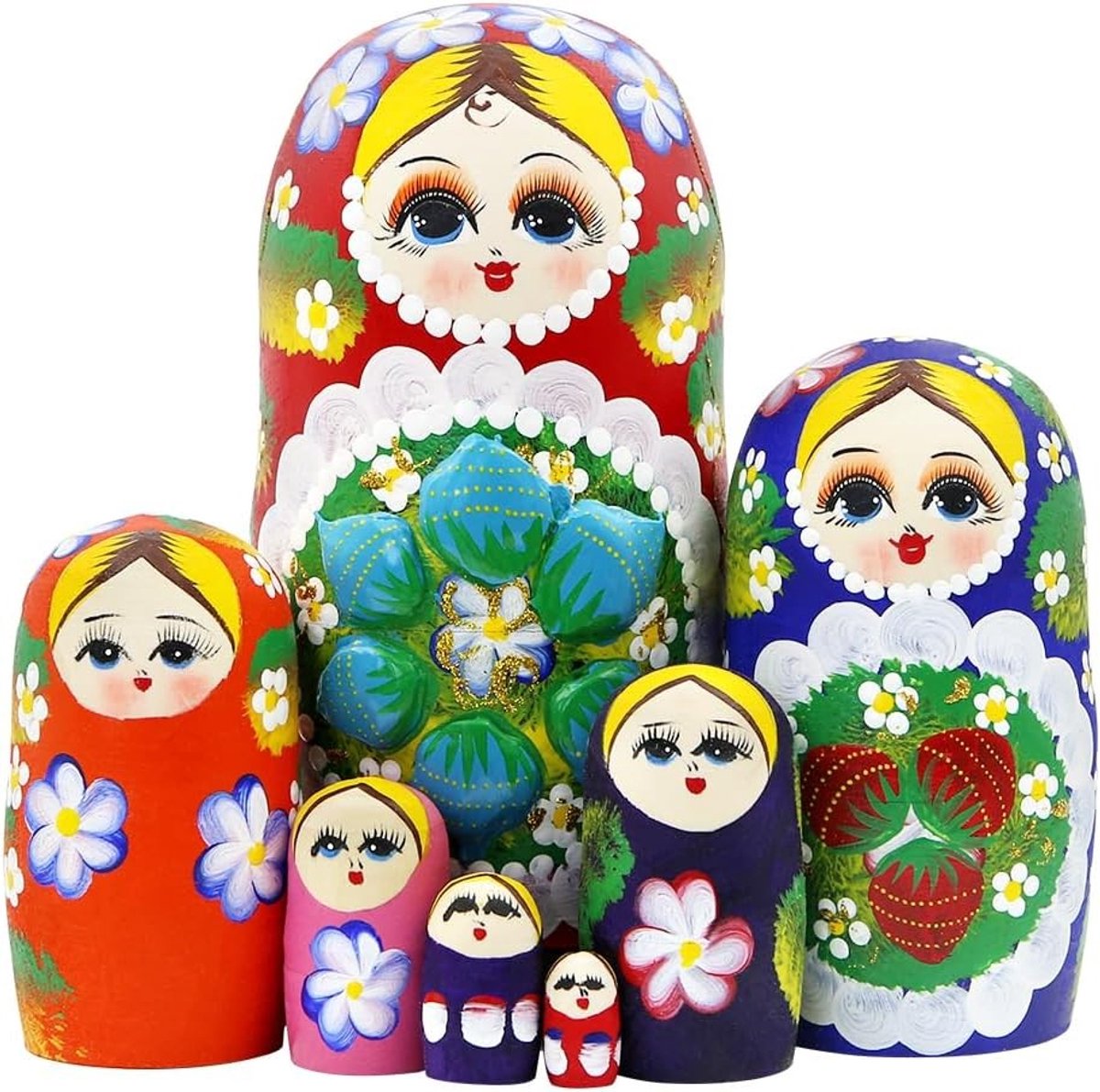 7-delige Russische Matroesjka Poppen Set met Rode Bloemen en Bessen - Houten Nesting Dolls voor Decoratie en Cadeaus
