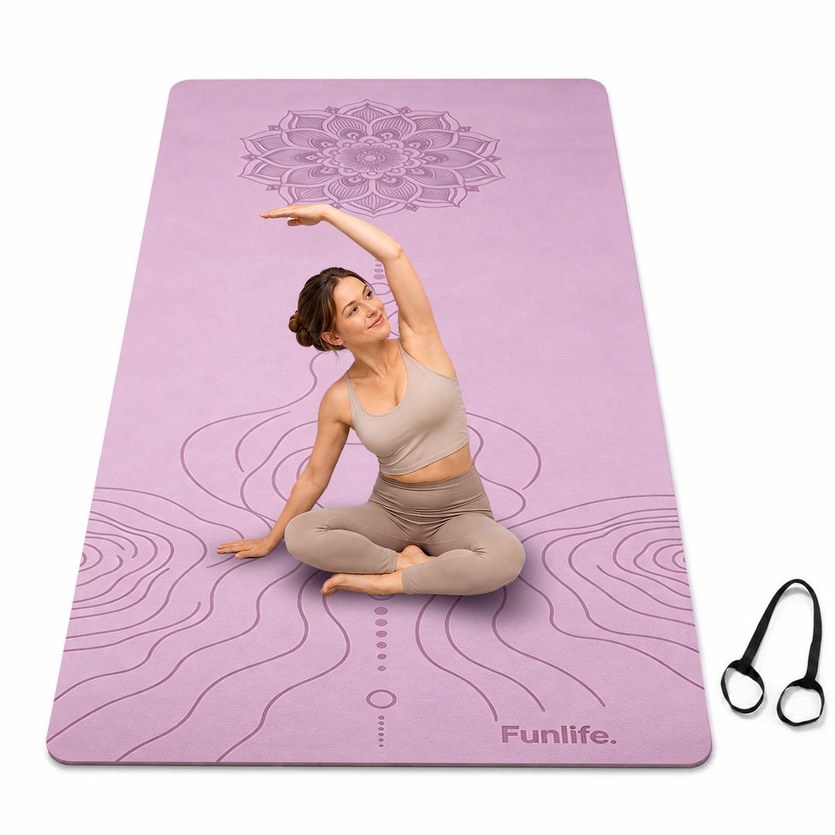 FunLife Extra Brede Yogamat 183 x 80 cm - 8 mm TPE Fitnessmat Antislip - Sportmat voor Yoga, Pilates en Thuisfitness - Met Draagriem - Lavendelpaars