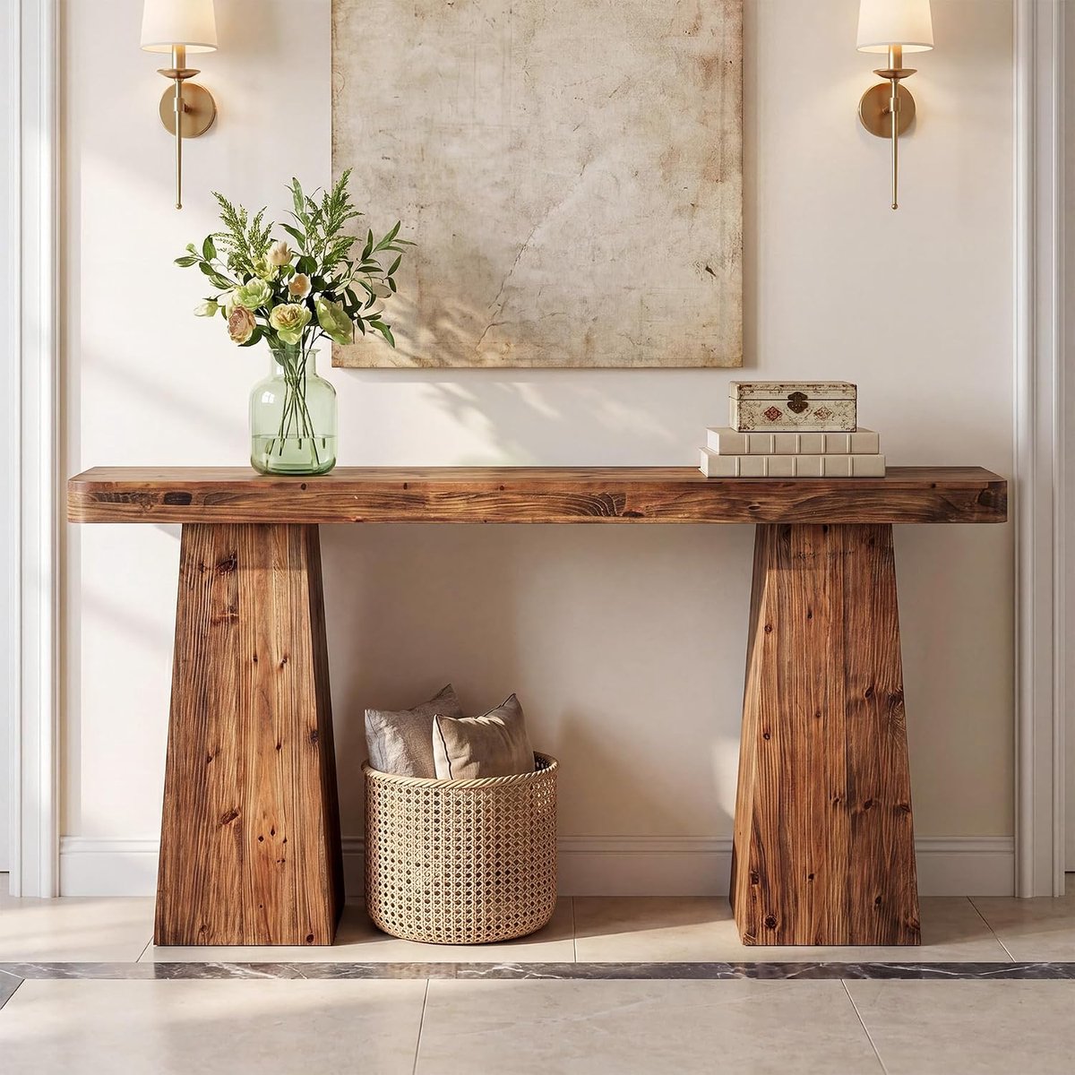 Tribesigns Massief houten Consoletafel - Sidetable in landelijke stijl - Hout - Bruin - extra brede poten - 160 x 30 x 80 cm - Console Tafel voor Hal, Woonkamer, Entree