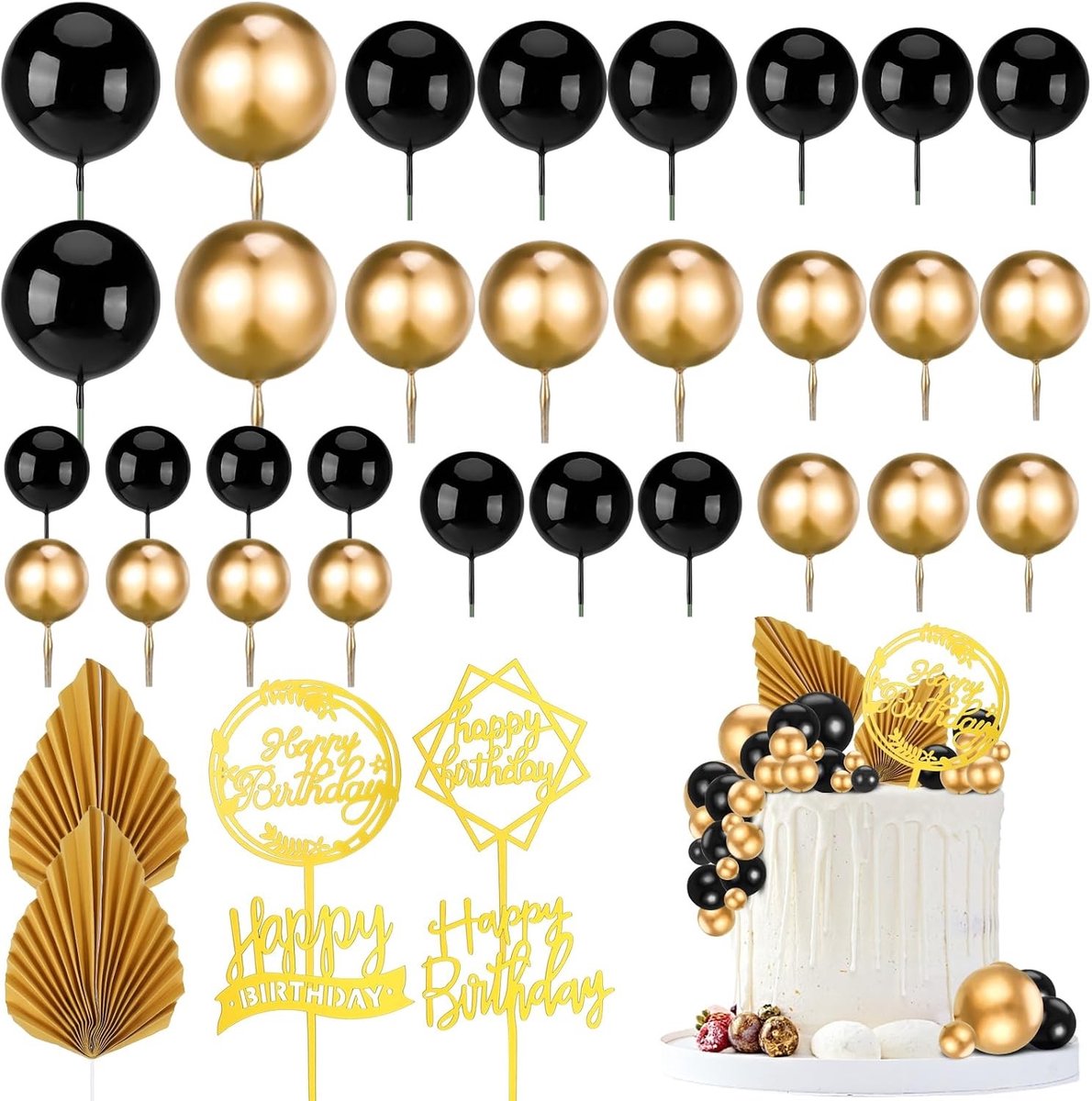Decoratieset voor Taarten in Zwart en Goud - 36 Stuks voor Verjaardagen, Bruiloften en Jubilea - Inclusief Palmbladeren, Schuimballen en Meer