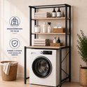 Zwart metalen frame wasmachine rek met houten planken, met deuren van de wasmachine zichtbaar. Met icoon van 50kg draagvermogen.