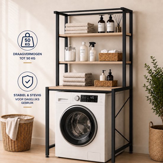 Zwart metalen frame wasmachine rek met houten planken, met deuren van de wasmachine zichtbaar. Met icoon van 50kg draagvermogen.