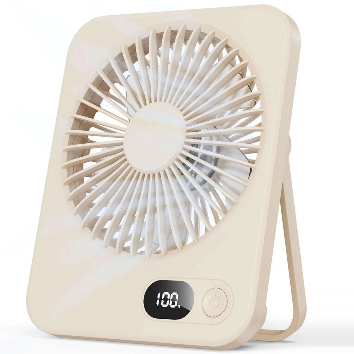 Bureauventilator, oplaadbare batterij, 3000mAh, 5 windsnelheden, 8 uur gebruiksduur, stille werking (45dB), 180° draaibaar, LED-display, draagbaar ontwerp, geschikt voor kantoor, buiten en thuisgebruik, beige.