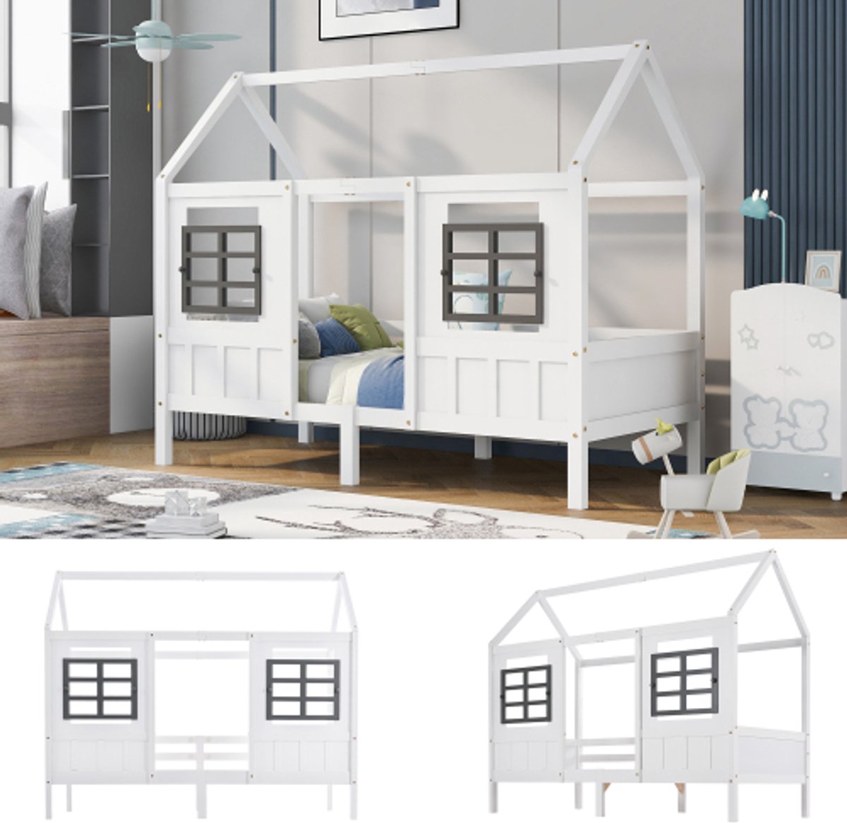 Kinderbed Huisbed – Eenpersoonsbed met 2 Ramen – Bedframe van Grenenhout en MDF – 90 x 200 cm - Wit – Geschikt als Dagbed