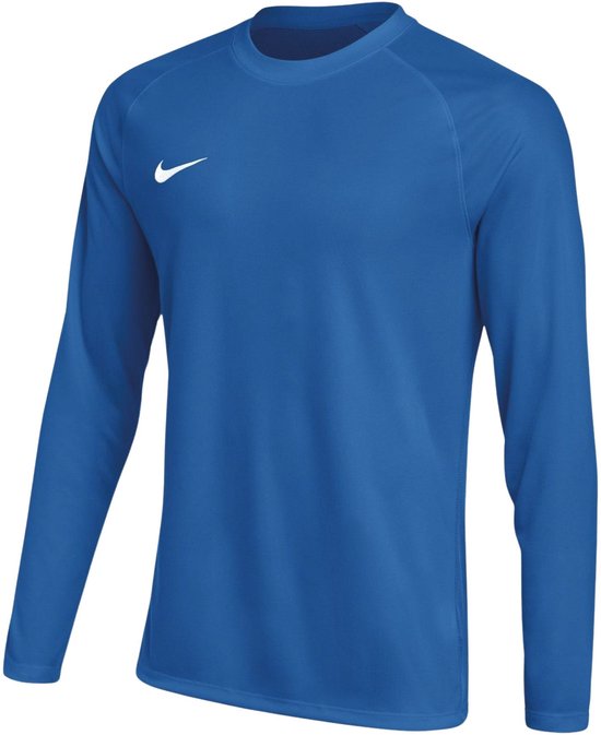Blauw Nike sportshirt met lange mouwen en witte swoosh op de borst.