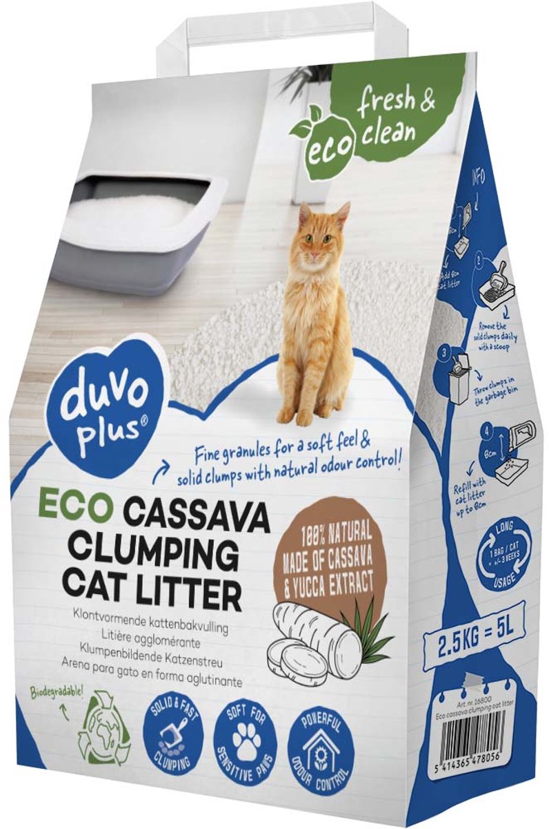 kattenbakvulling - klontvormende ECO cassave 100% natuurlijk per doos 6 x 5 L - Biologisch afbreekbaar - Hoog absorptie vermogen