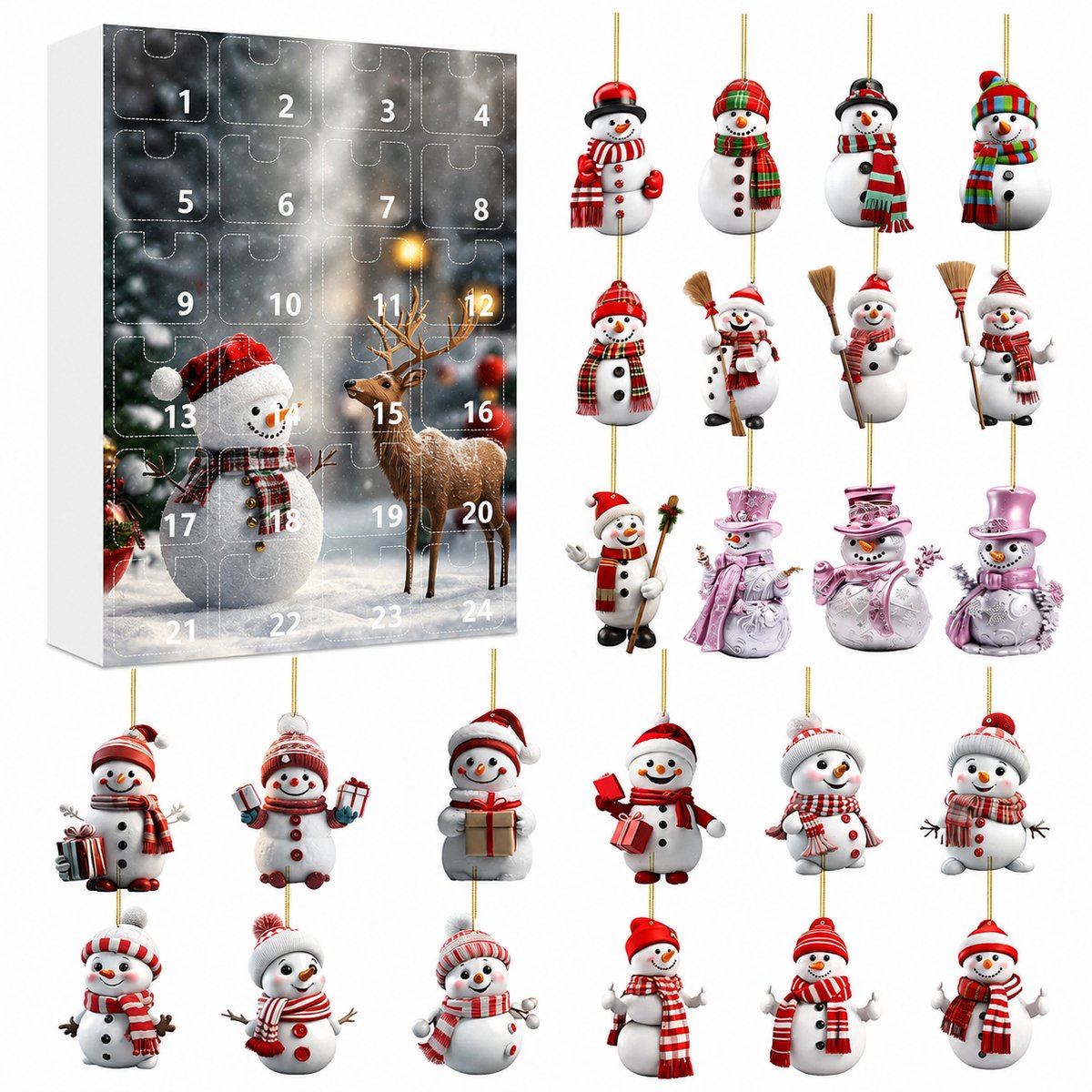 Casalora® Adventskalender 2026 – 24 Verschillende Kerst Boommannetjes – 3D Acryl Kersthangers – 24 Dagen Kerst Countdown – Kerstboomdecoratie – Cadeau