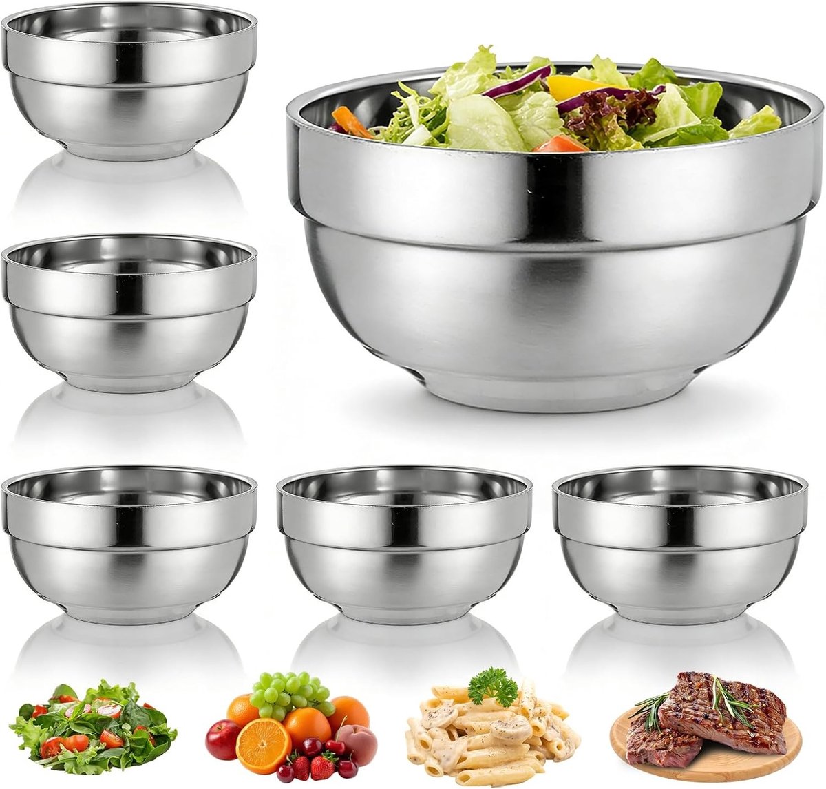 Set van 6 RVS Schalen van 13 cm - Lichtgewicht, Schokbestendig en Dubbelwandig voor Soep, Rijst en Pasta - Ideaal voor Keuken, Kamperen en Buitenactiviteiten