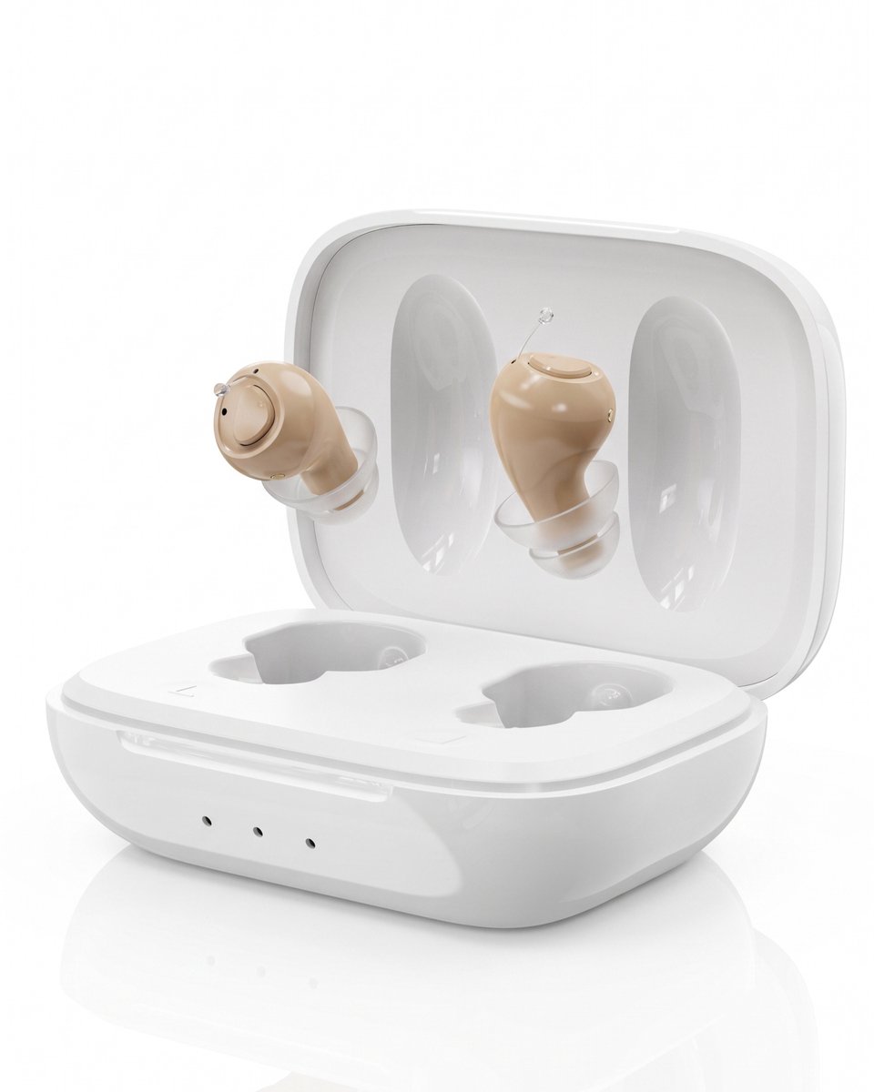 Membeli Gehoorapparaat Oplaadbaar In-het-oor - Mini Formaat - Magnetisch Opladen - 4 Volume Standen met Geheugen - Universeel Links & Rechts - Beige