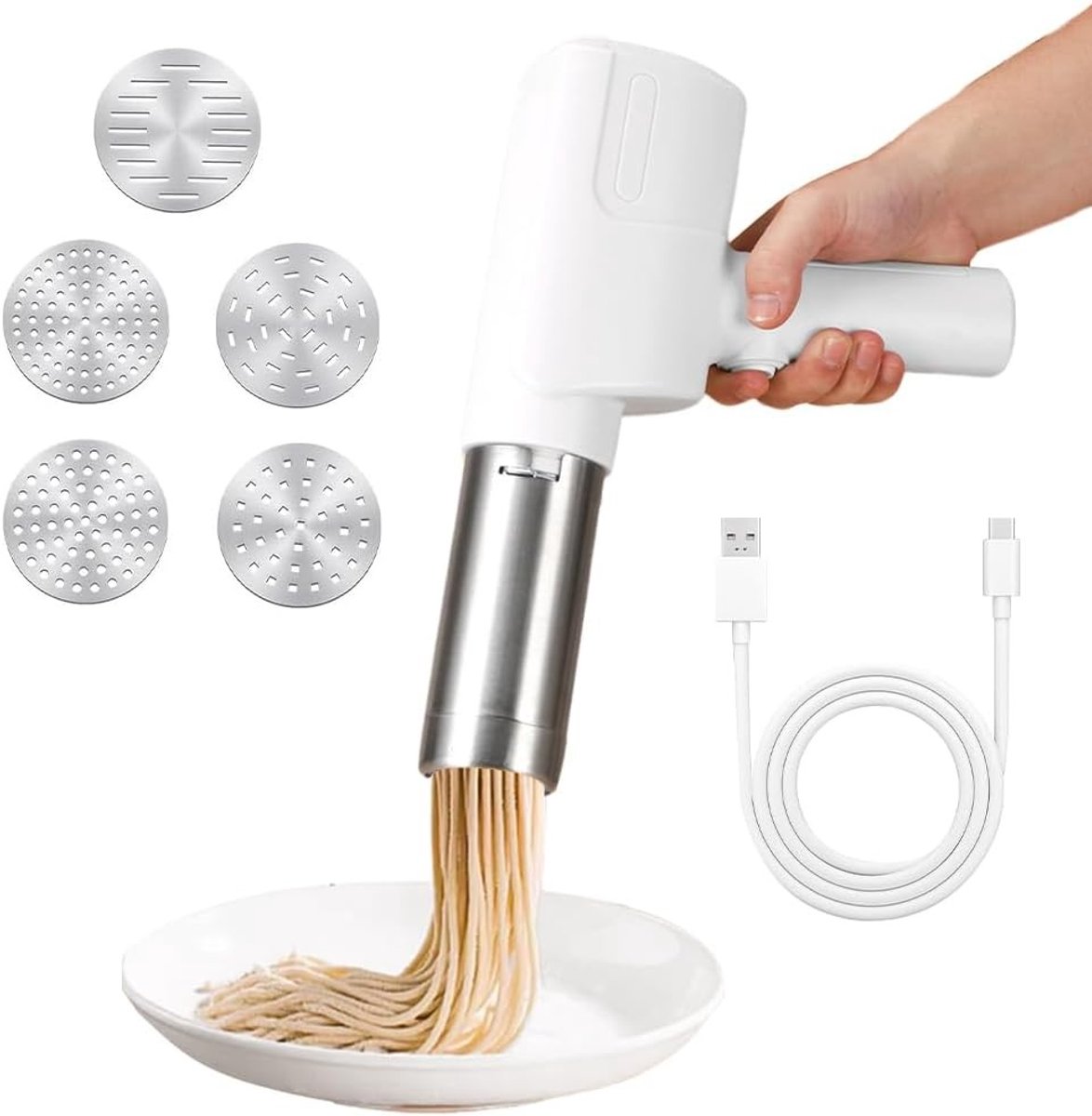 Draagbare Elektrische Pastamaker met 2000 mAh Accu, Automatisch en 5 Persmallen voor Versgemaakte Pasta en Spaghetti