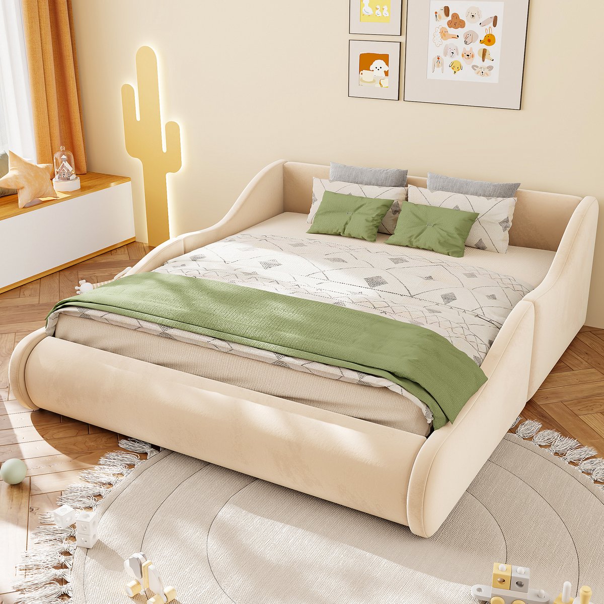 REDOM - Kinderbed - Gestoffeerd bed - Hoog hoofdbord - Zijbeschermingshekken - Fluwelen bekleding - Moderne stijl - Beige - 140 x 200 cm