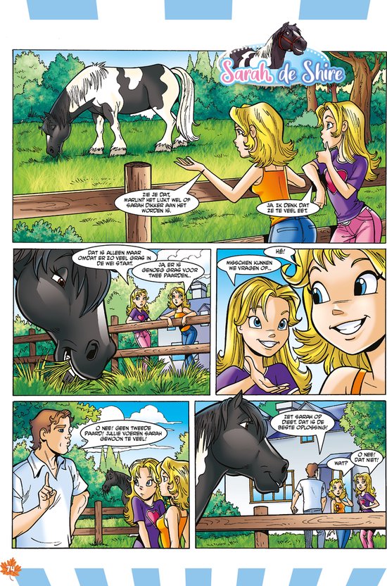 Twee meisjes, Sarah en Lily, kijken naar een zwart-wit paard.