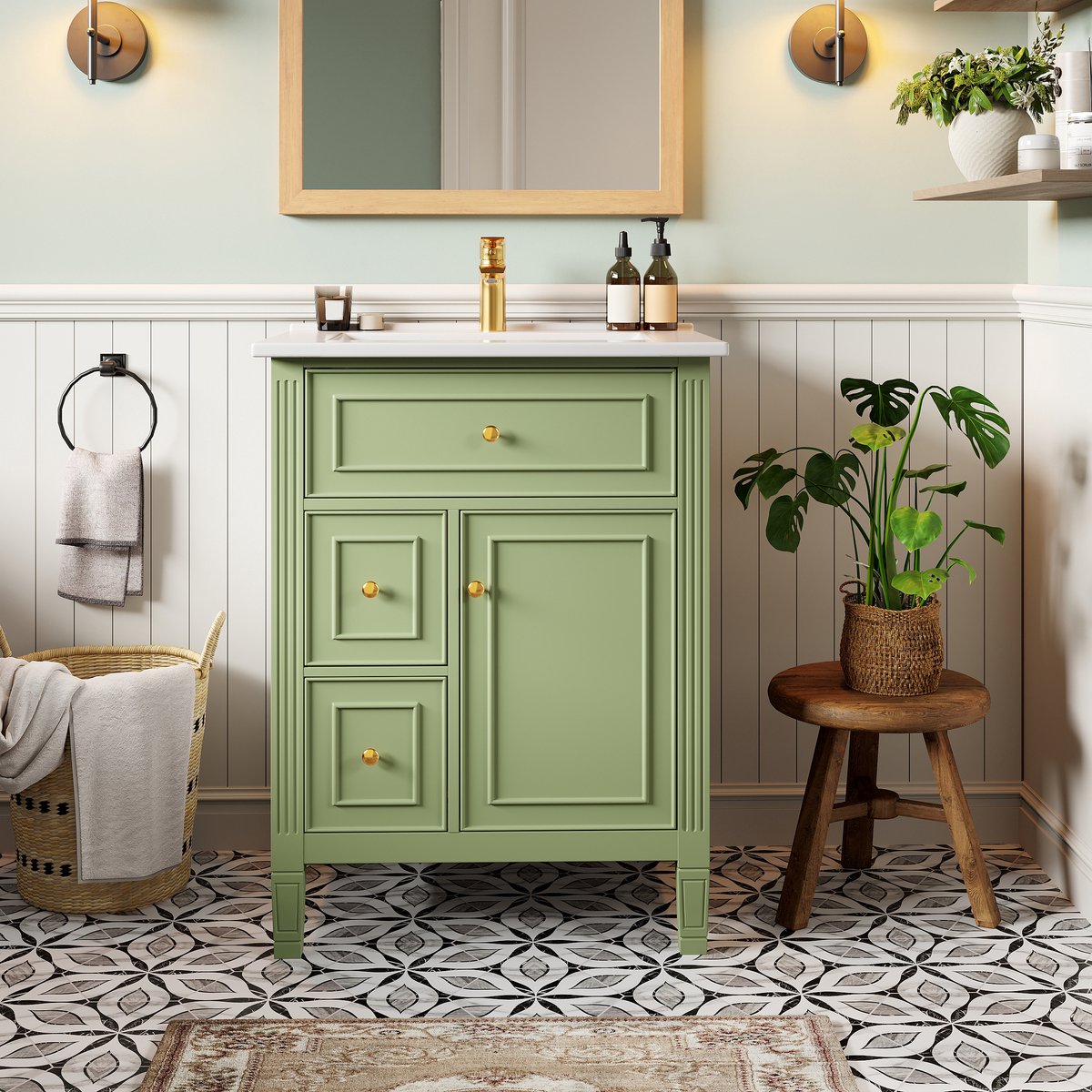 REDOM - Badkamermeubel met wastafel - Klaplade en twee lades - Enkele deur met planken - Soft-close deur - Landelijke stijl - Badkamer - MDF en keramiek - Groen - 61 x 47 x 86 cm