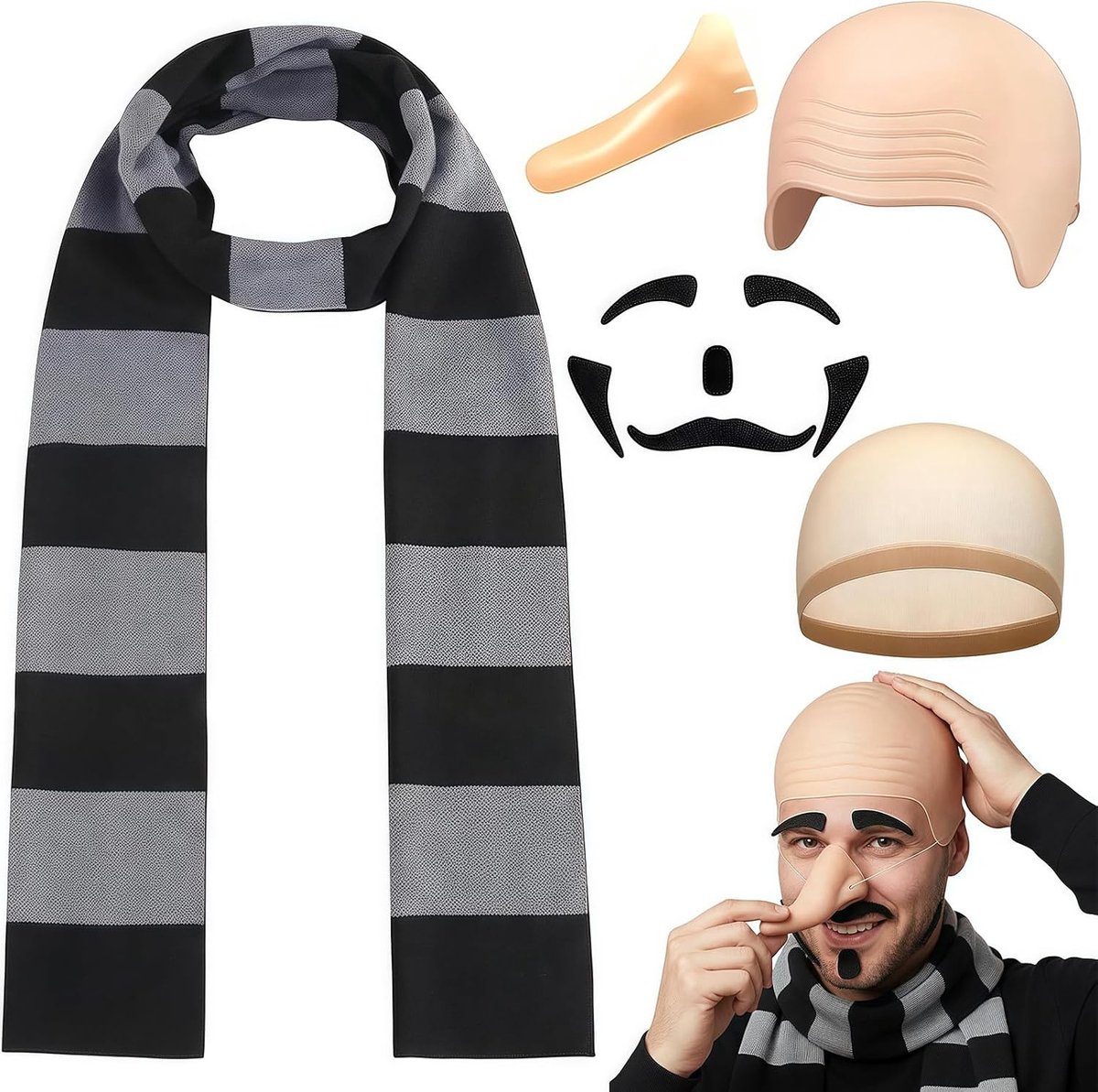 Griezelige Halloween-kostuumset voor volwassenen met slakkapje, lange neus en accessoires voor themafeesten en carnaval