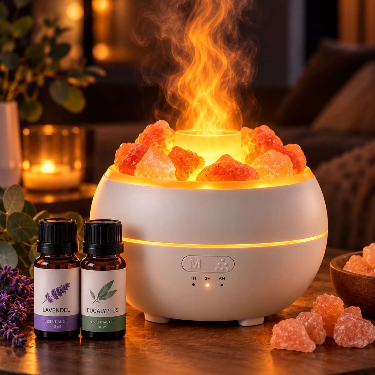 Narvie Aroma Diffuser met Himalayazout – 300 ml – Inclusief 2x 10 ml Geurolie – Ultrasone Geurverspreider – LED Sfeerverlichting – Timer
