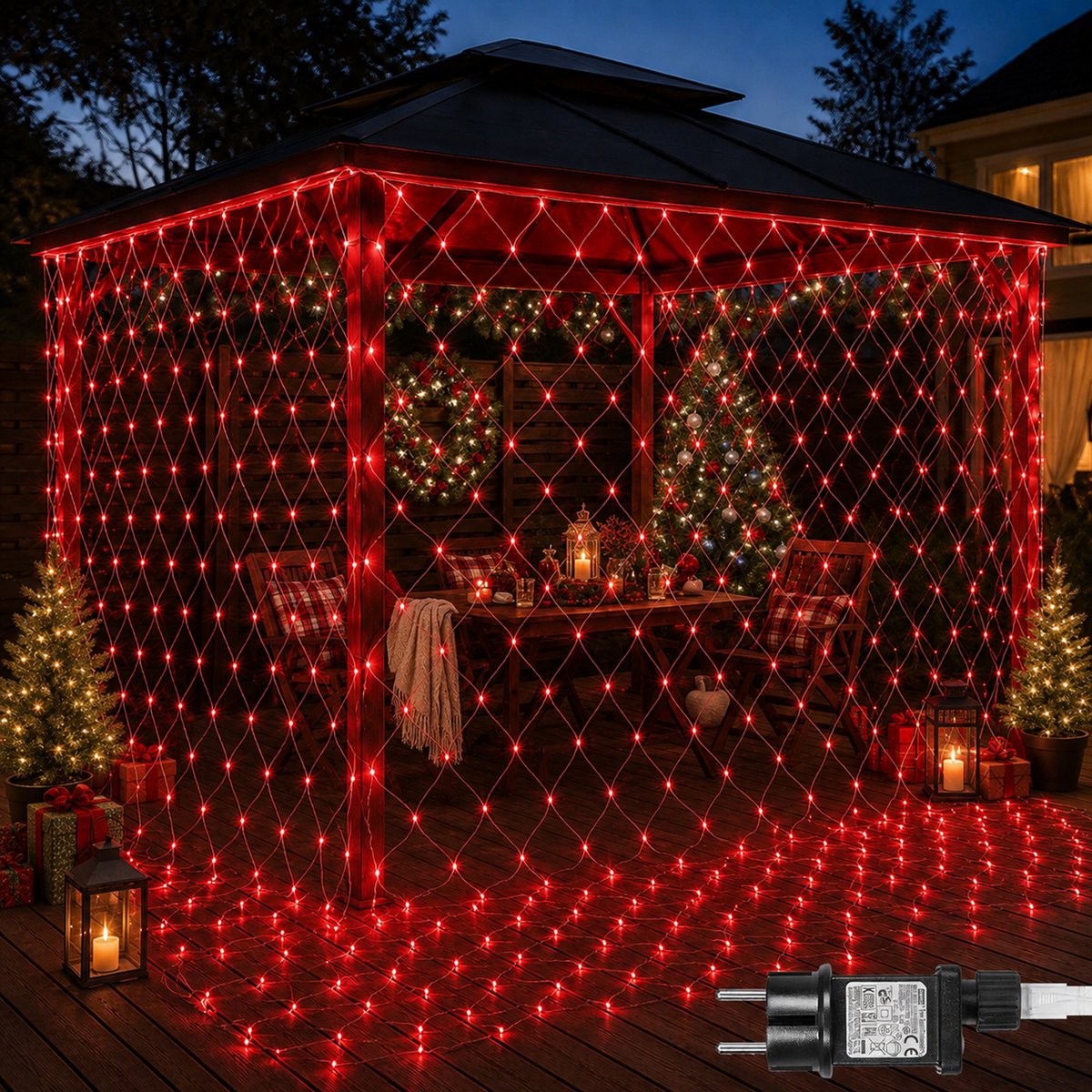 Rosnek LED Netverlichting - Kerstverlichting 3 x 2 m 200 LEDs Rood - Met Koppelstekker - 31 V Laagspanning met 8 Lichtstanden en Geheugenfunctie - Lichtnet voor Heg, Muur en Kerstdecoratie