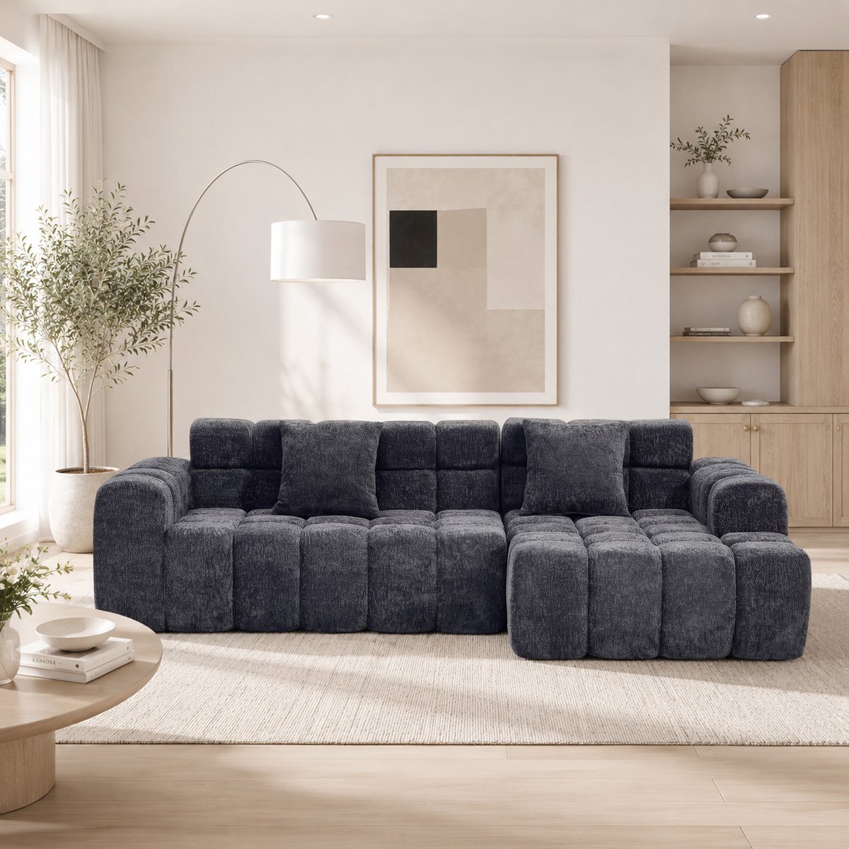 DESMIU Bank Bed - Modulaire Hoekbank Slaapbank - Ruim Zitcomfort Met Twee Kussens En Drie Rugkussens - Voor Woonkamer En Kantoor - Velvet - Antraciet Grijs