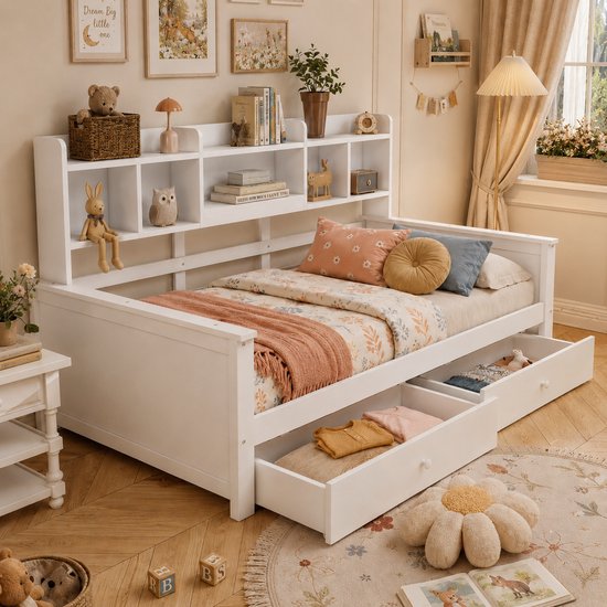 Wit kinderbed met lades, opbergvakken, opbergplanken en speelgoed.