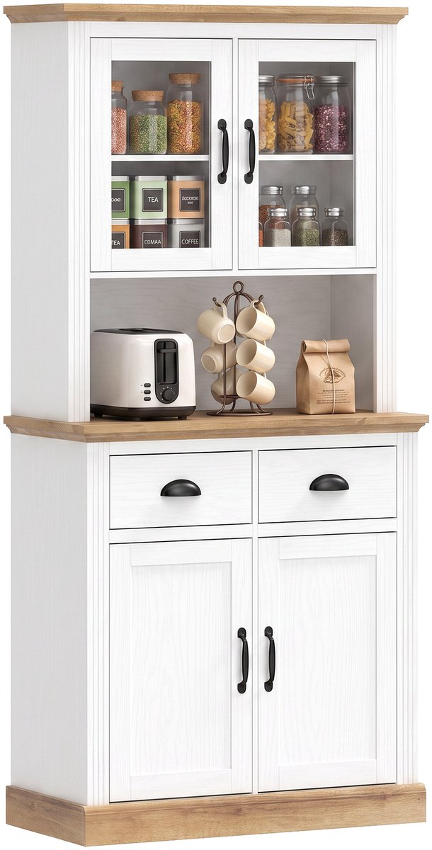 HOMCOM Keukenkast - MDF, gehard glas - 80 x 38 x 170 cm - Wit