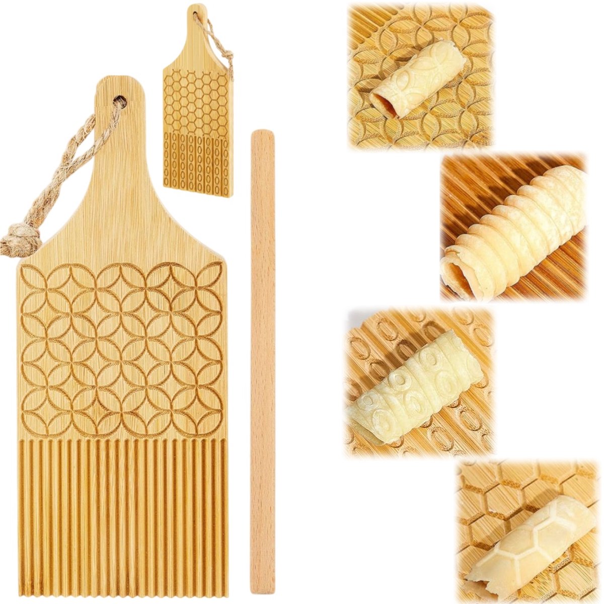 Pastaplank – Deegplank – Italiaans pastavorm gereedschap – Handmatige pastavormer – Gnocchi maker – Dubbelzijdige textuur – Deegbalmaker – Bamboe deegrolgereedschap – Inclusief deegroller – Voor gnocchi, macaroni, garganelli (Bruin – 25 x 10 cm)